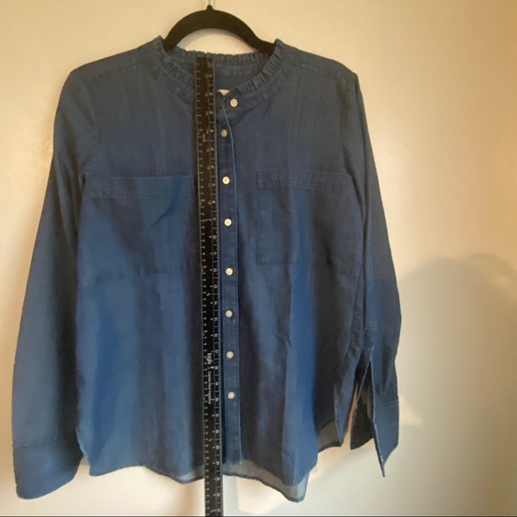 Loft Womens Denim Button Up Shirt Top Blue Ruffle Neck Long Sleeve Pockets - Picture 10 of 12